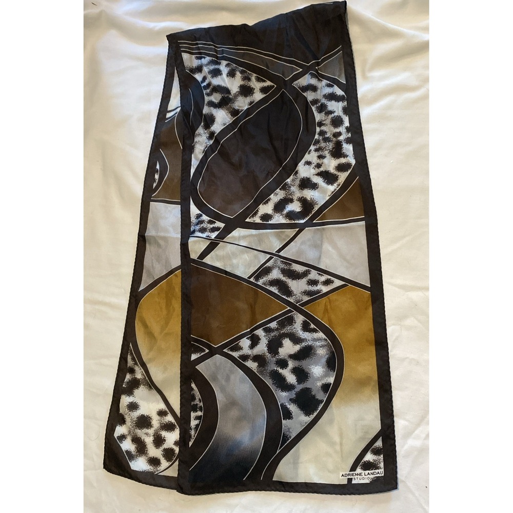 100% Silk Adrienne Landau Scarf Leopard Print Geometric Shape 54 X 11 Inches